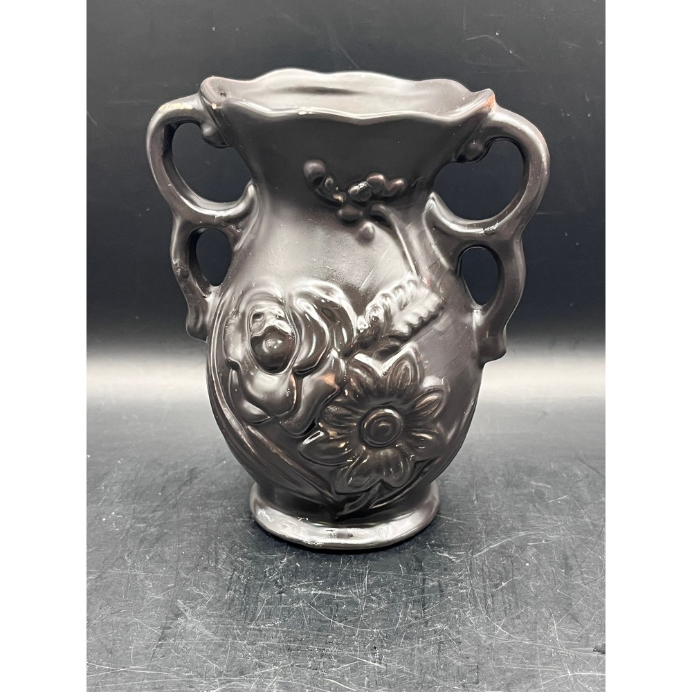 Vintage Black‎ Ceramic Vase Floral Embossing Handles Made in Brazil 5" Tall